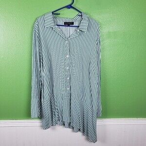 Eloquii Women's Green Vertical Striped A-Symmetrical Button Up Long Sleeve Shirt